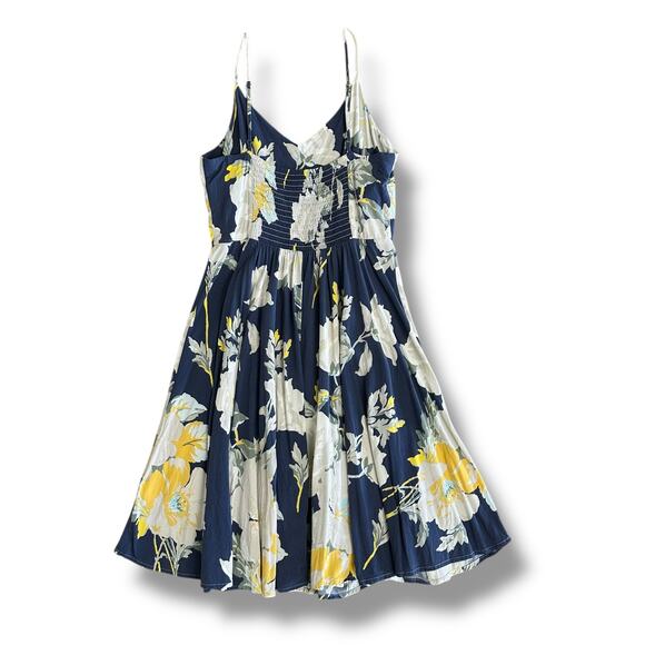 GAP Soft Fit & Flare Dress S Navy Floral Yellow Rayon Summer Spaghetti Strap - Picture 4 of 10